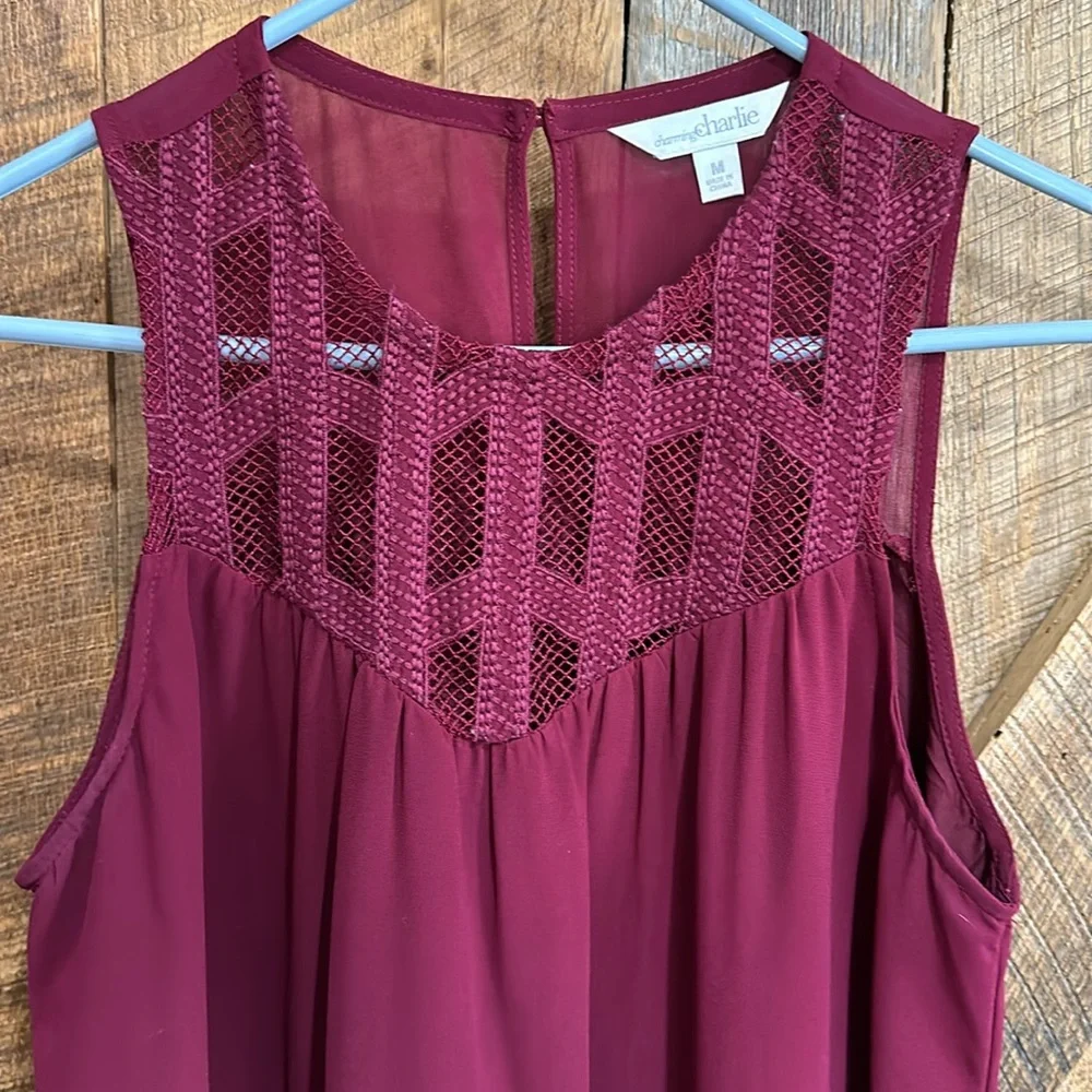 Charming Charlie dark wine lace front sheer overlay lined mini dress size medium - Picture 3 of 8
